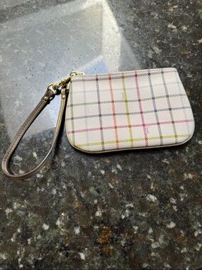 Coach Peyton Tattersall Cream Plaid Wristlet with Multicolor Stripe Accents